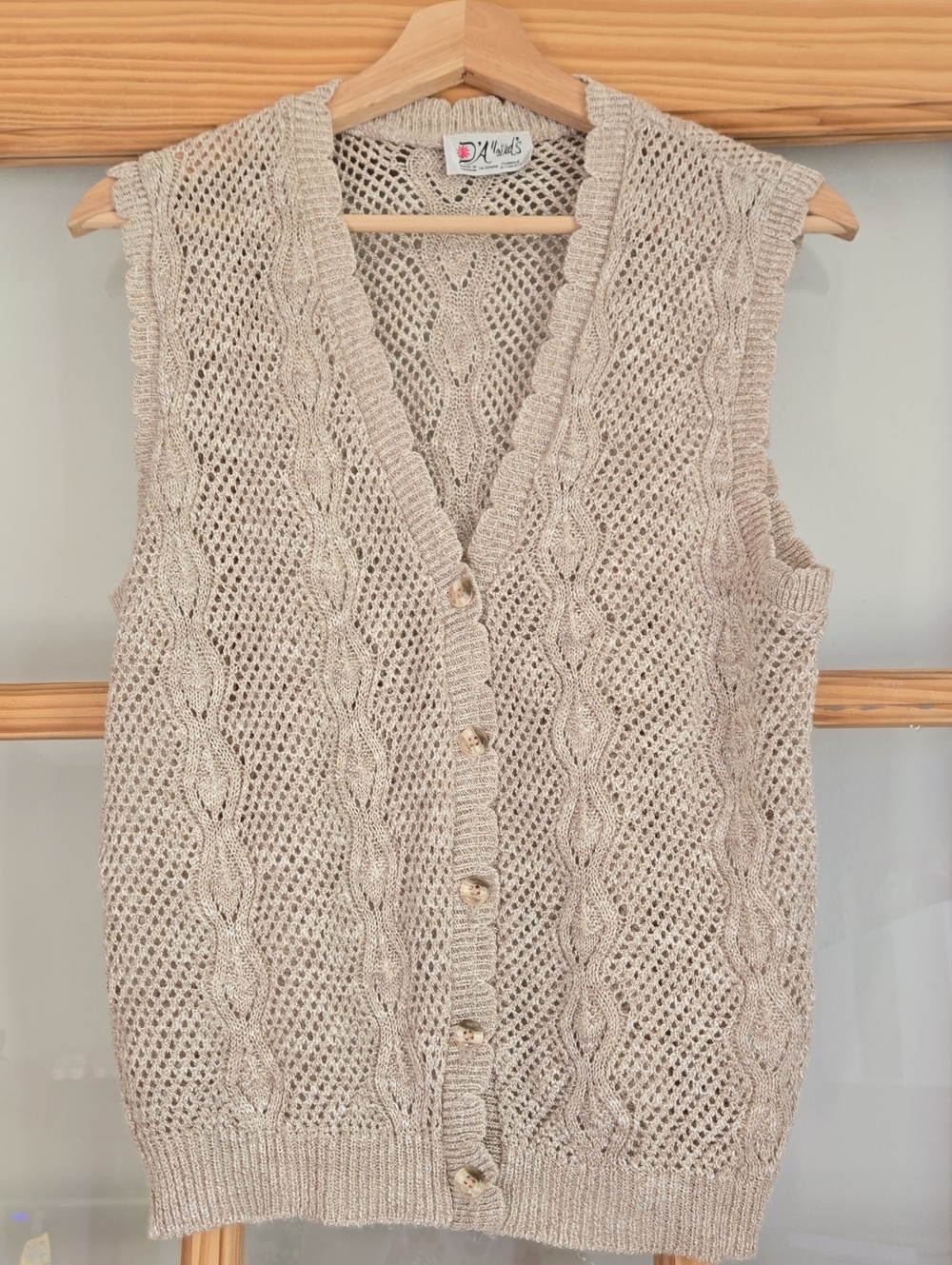 Vtg D'Alliards Cable Knit Button-Front Sweater Vest Boho Cottagecore 80s